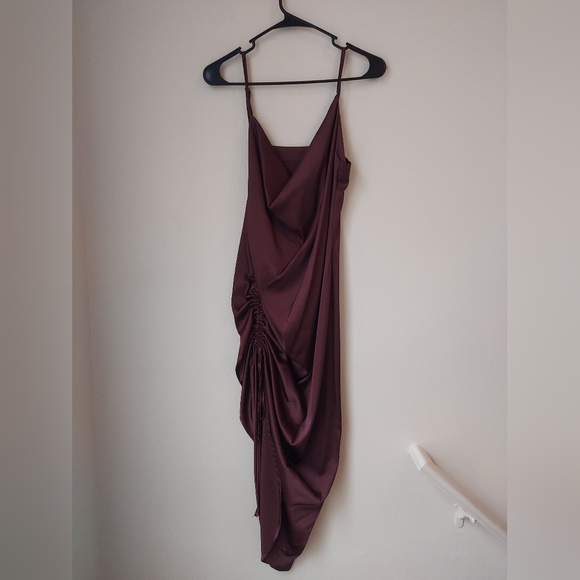 Sexy Lyaner Brown Satin Feel Cowl Neck Sleeveless with Adjustable Ruching Side - Picture 3 of 8